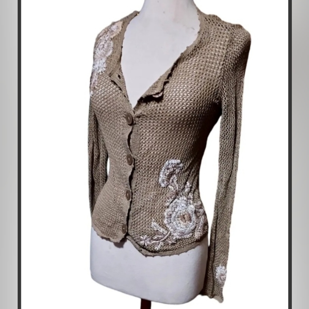 J Jill S Cardigan Sweater Button Front Shirt Top Sweater Open Knit Floral - Picture 2 of 4